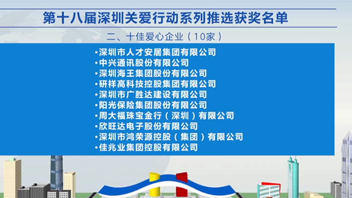 2021年，明升88集团荣获深圳“十佳爱心企业”荣誉称号